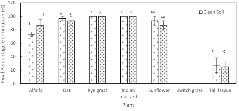 Figure 3-1: Germination percent (mean ± SE, n=3) of plants in clean soil and contaminated soil