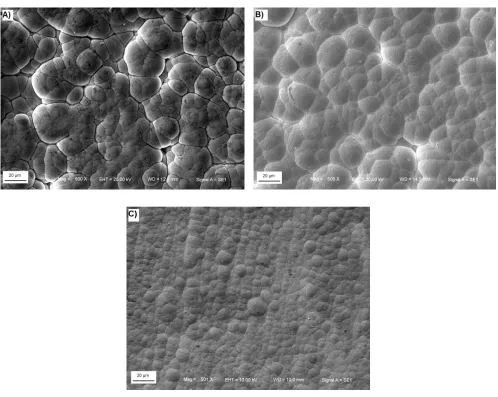 Fig. 6 (A, B & C).  The surface morphology of electroless NiP deposits with different pre-treatments is shown in  