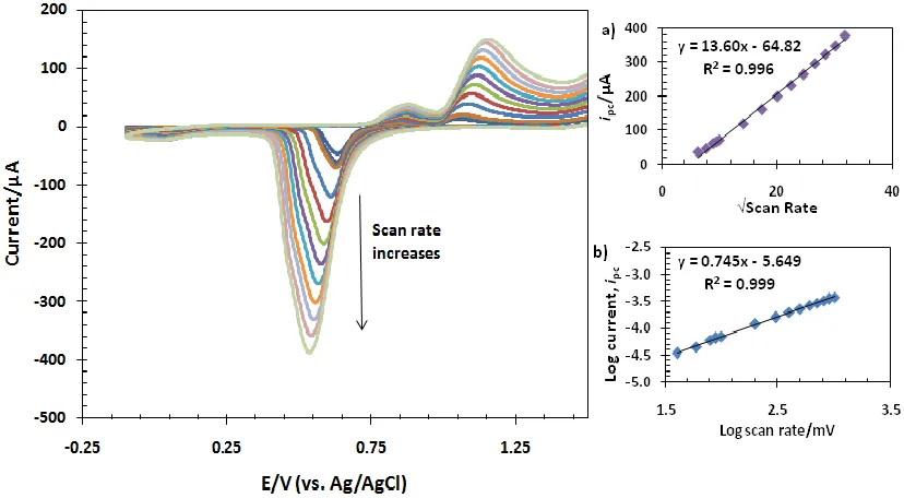 Figure 1. The cyclic voltammetry pattern of a) Au-MPA modified electrode and b) Au-MPA-HFHAHFAF modified electrode in 50 µM Hg(II) and 0.1 M Na2SO4 as supporting electrolyte (pH 7) with potential scanning commenced in negative direction over the range -0.2