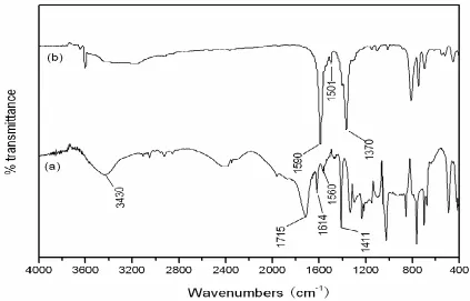 Figure 1.  FT-IR spectra of (a) ligand p-H2BDC and (b) as-synthesized cobalt ion-based coordination polymer  