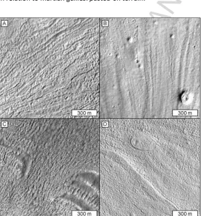Fig. 2. Surface textures of viscous flow features on Mars at scales of 1:15,000. North is up in all 