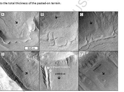 Fig. 4. Recognition of arcuate ridges and pasted-on terrain in HiRISE images at 1:25,000, north is up 