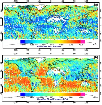 Fig. 14. Maps of gridded effective cloud fraction from the OMI cloud RRS algorithm (a) and cloud OCP from CloudSat (b) for July 2007.