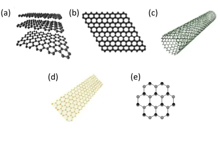 Figure 1-4 Examples of sp2 carbon solid materials: (a) graphite, (b) graphene sheet, 