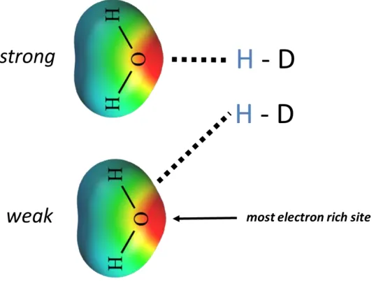 Figure 1.2   Hydrogen bonding displayed with two water molecules.  The strong hydrogen bond (above) has the optimal 180are maximized in dipole pairs