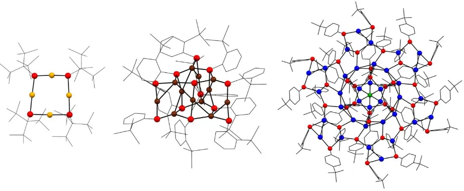 Figure 1.2 Molecular structures of group 11 chalcogenolate oligomers in the crystal. From left to right: [Au(EC(SiMe3)3)]4, [Cu(o-S(C6H4)SiMe3)]12, and {Br@[Ag(p-S(C6H4)tBu)]36}-