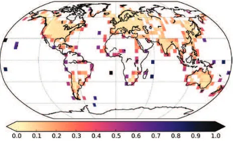Figure 6. Weights given under the GTA1 approach to each grid cell for a map with the coverage of the CRUTEM4 data in January 1920, scaled such that the greatest weight is equal to 1. The weights are dimensionless.