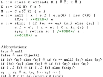 Table 1: Syntax of MJ L ::= c l a s s C e x t e n d s D { C f; K M } K ::= C (C x) { s }