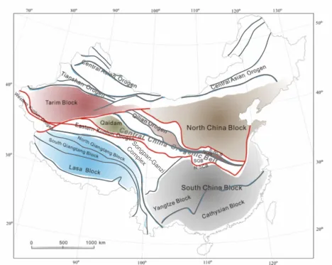 Figure 1.6 A simplified tectonic map of China showing the major tectonic units and central China orogenic belt (the red-line area) (modified after Dong et al., 2015)