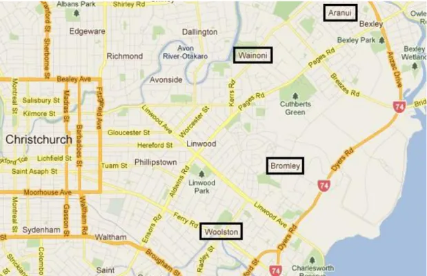 Figure 10:  Map showing Bromley and Woolston in relation to Aranui and Wainoni  Source:  Google Maps