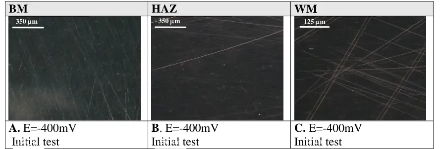 figure shows images of the BM, HAZ, and WM at different potentials at 60ºC.  
