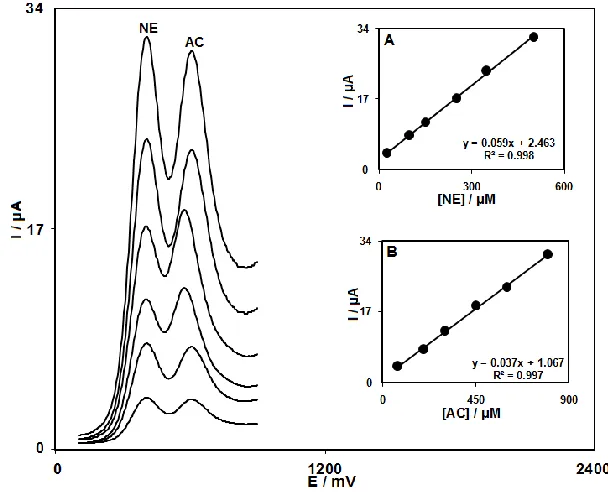Figure 5.  DPVs of FCDCNPEin 0.1 M phosphate buffer solution (pH 5.0) containing different concentrations of NE+AC in μM, from inner to outer: 25.0+75.0, 100.0+200.0, 150.0+300.0, 250.0+450.0, 350.0+600.0 and 500.0+800.0 respectively