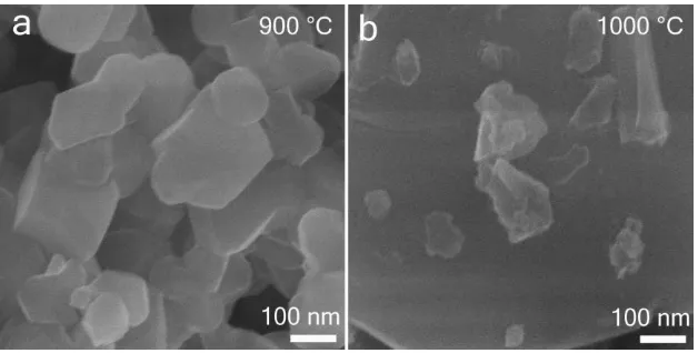 Figure 3.  SEM images of the Li-rich nickel manganese oxides samples prepared at (a) 900 °C and (b) 1000 °C  