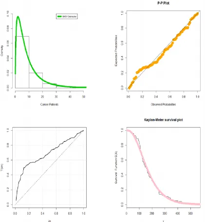 Figure 5: Estimated P.D.F., P-P plot, TTT plot and Kaplan-Meier survival plot for data set III