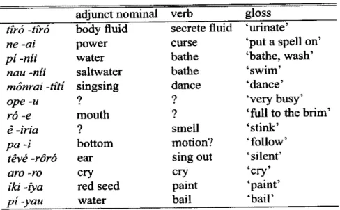 Table 6.3 Adjunct nominals with 'heavy' verbs adjunct nominal verb gloss tiro -tiro body fluid secrete fluid 'urinate'