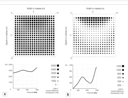 Figure 5. Visualisations to show gene expression values over sections of 1000 mmidway through each soil volume and the grid of squares is drawn proportional to the enzyme activity from two hypothetical pressure sensitive promoters where (a) has a linear in