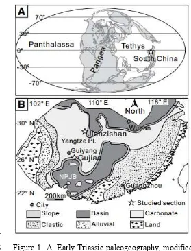 Figure 1. A. Early Triassic paleogeography, modified from Scotese (2001). B. Early 