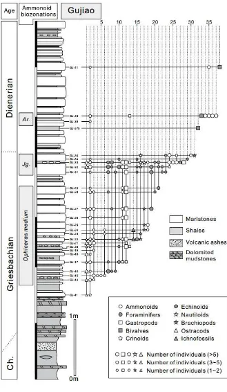 Figure 3. Fossil occurrences in the Gujiao section. See Table 1 for fossil list. Ch. 