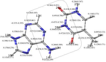 Figure 4. The optimized structure and the charge of guanine/cytosine (GC) base pair & GC...MC, before and after the complex formation (Parentheses include the changes after the complex formation)   