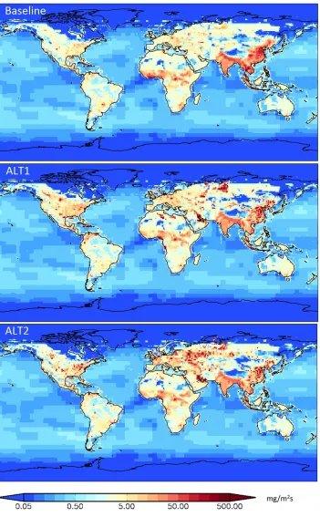 Figure S2: Ethane emissions (mg/m2s) in the baseline (upper map), ALT1 (mid panel), and 