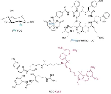 Figure 1.2: Examples of molecular imaging probes for PET ([18F]FDG), SPECT ([99mTc]Tc-HYNIC-TOC) and OI (RGD-Cy5.5)