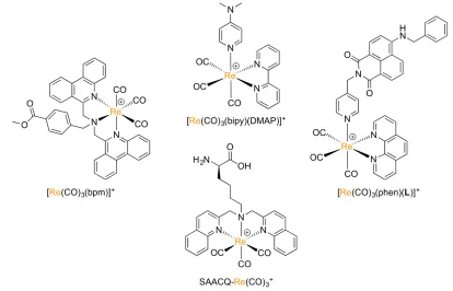 Figure 1.9: Examples of luminescent Re(I)-tricarbonyl complexes with p-accepting 