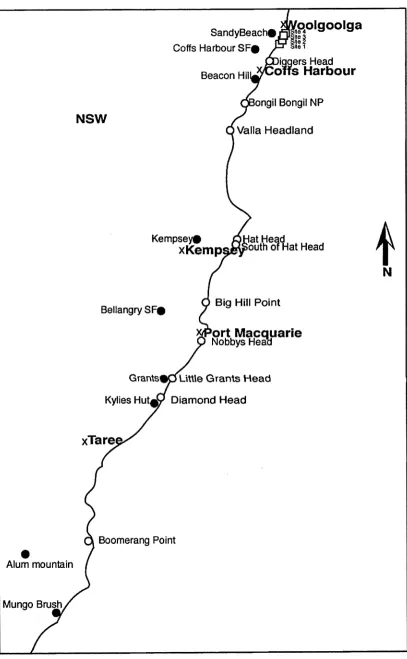 Figure 3.1 Schematic representation of the sampling strategy for morphometric and genetic analysis, depicting the various population collection sites for Zieria prostrata (□ ), Z  smithii ( • )  and Z  sp
