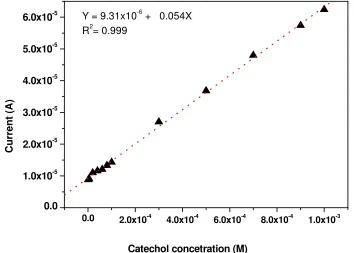 Figure 4. Relationship between the response current and catechol concentration using square wave voltammetry