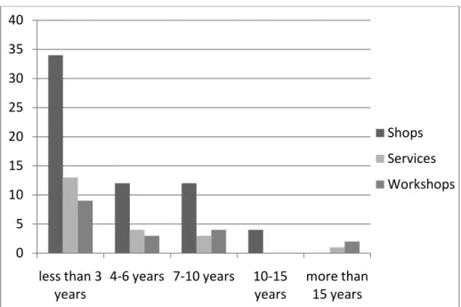 Figure 17: El Naranjo: Number of business, sorted by years of operation and type  Source: own survey 