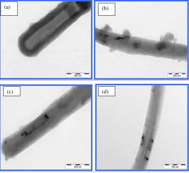 Figure 3. TEM pictures of PPy coated VGCF having different monomer content (a) 0.2M  (b) 0.1M (c) 0.05M and (d) 0.02M Pyrrole/VGCF in aq