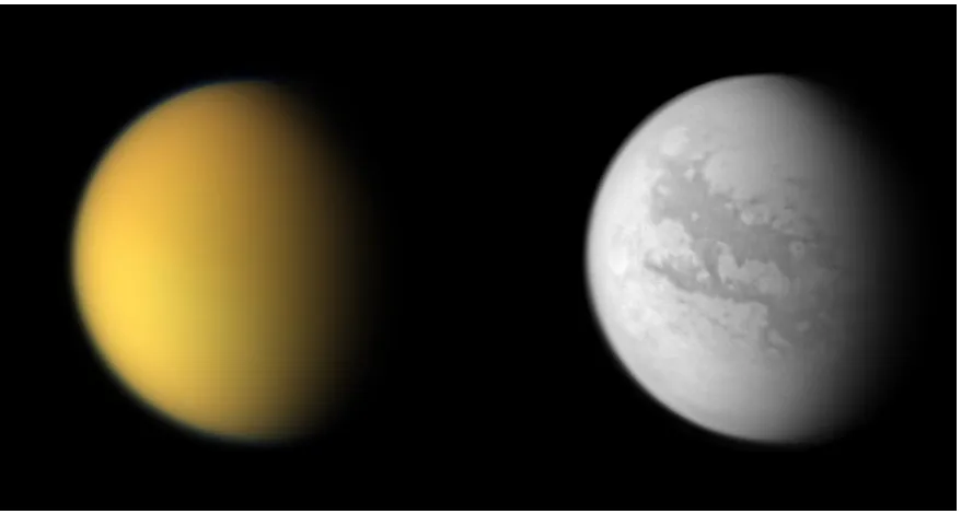 Figure 4: Titan in different wavelengths of light. The left image shows what Titan would look like to the human eye