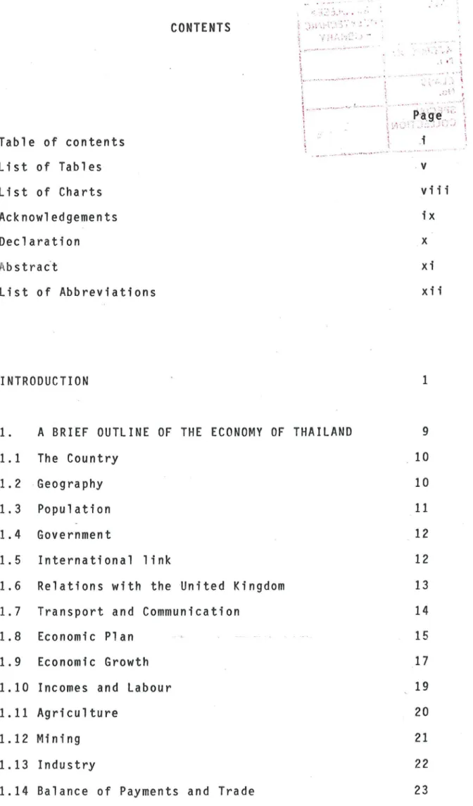 Table  of  contents  List  of  Tables  List  of  Charts  Acknowledgements  Declaration  A b s t rac' t  List  of  Abbreviations  CONTENTS  ' :  
