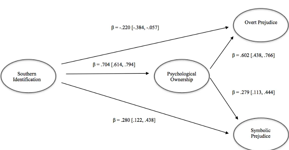 Figure 1. Structural model depicting psychological ownership as a mediator between 