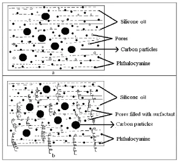 Figure 6. Schematic representation carbon paste electrode showing pores, carbon particles, phthalocyanine molecule and surfactant molecule on the surface of electrode