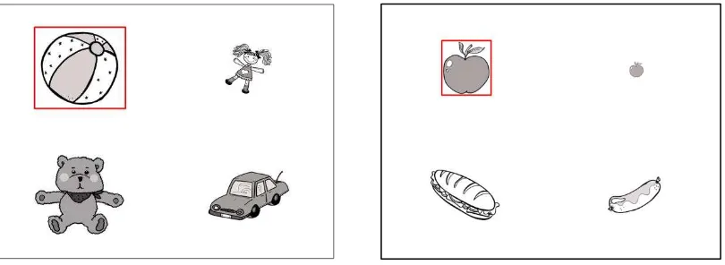 Figure 2. Eight-object stimuli. Left panel shows a contrast-absent item and right panel shows a contrast-present item