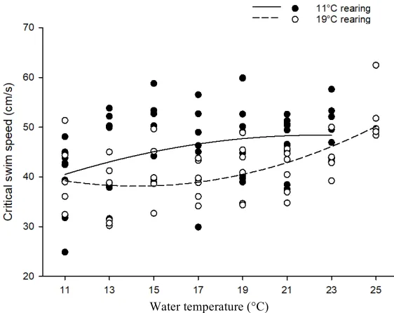 Figure 3: Critical swim speed (cm/s) as a function of water temperature for juvenile 