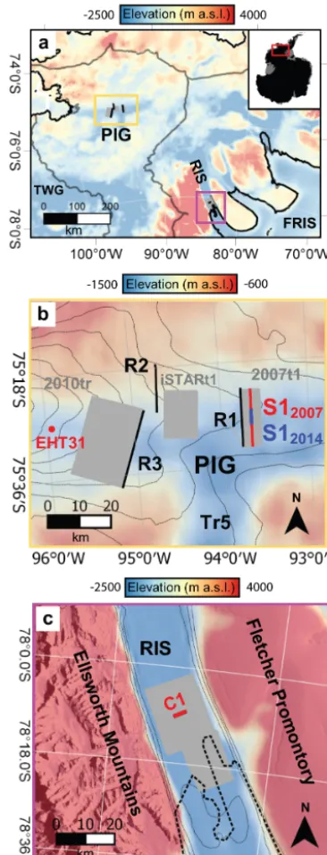 Figure 1. Location maps of the study area. Colour scale showsof RIS surveys. Thick dashed line represents the MODIS groundingline