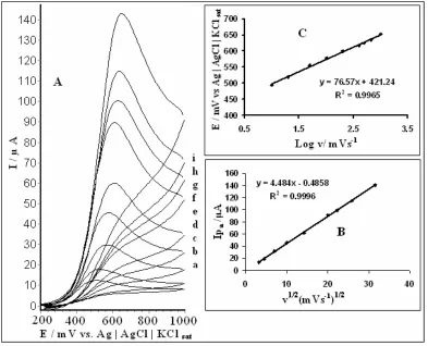 Figure 5. (A) Cyclic voltammograms of the 2, 7-BFEFOMCPE in the presence of 1.0 mM AA at surface of 2, 7-BFEFOMCPE obtained from data of Fig