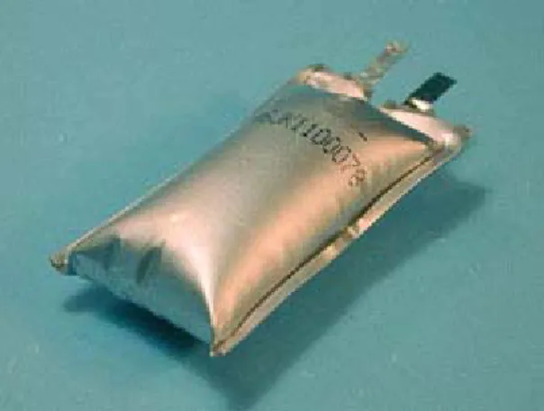 Figure 1: lithium-ion-polymer  cell in a pouch pack. Made  ultra-slim, some cells generate hydrogen gas during charge  and puff up