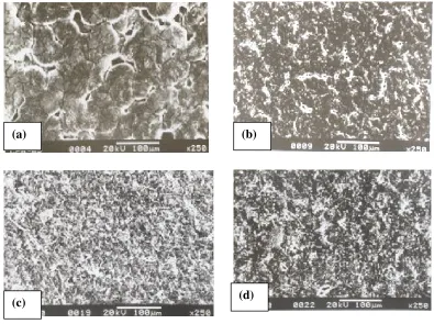 Figure 2.  SEM micrographs of PPNCEs thin films of (PEO)25-NaI+5wt.% DMMT +  x wt.% PEG200 with different concentration of x.(i.e., (a) x= 0, (b) x=10, (c) x=20, and (e) x = 50))