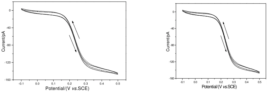 Figure 4. The steady-state voltammograms of the platinum disk nanoelectrode in 0.5 mol/L KCl containing 0.01 mol/L K3Fe(CN)6