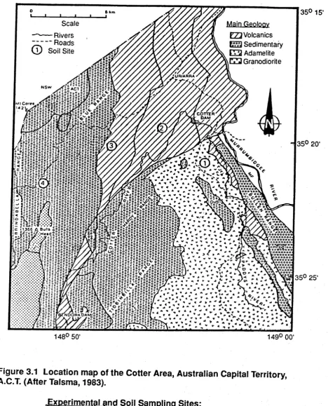 Figure 3.1 Location map of the Cotter Area, Australian Capital Territory, A.C.T. (After Talsma, 1983).