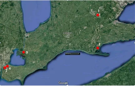 Figure 2.1. Thirteen tallgrass prairies in five sampling locations across southern Ontario.Number beside circle indicates number of tallgrass prairies sampled at each location