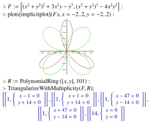 Figure 1.11: In the RegularChains library in Maple, the command TriangularizeWithMul-tiplicity computes the intersection multiplicity of V(F) for all the points p ∈ V(F)