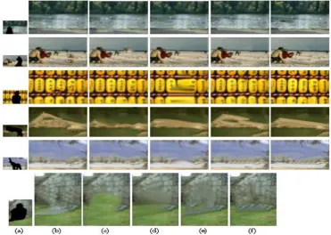 Fig. 4 (a) low-resolution picture with missing areas in black; (b) Crisimini et al.’s results; (c) patch-match results; (d) Diffusion-Based results; (e) proposed method (the down sampling factor is set to n=4, patchsize is 11×11; (f) proposed method with n