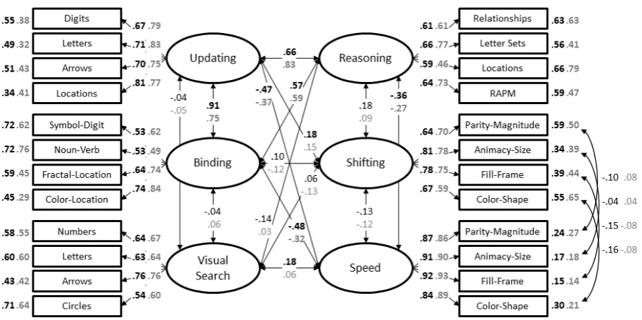 Figure 3. Measurement model for the theoretical transfer model for pretest data (printed in black) and posttest data (printed in gray)