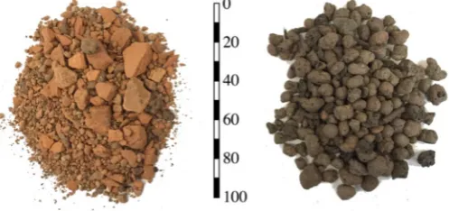 Figure 1.Figure 1. (Left) crushed brick-based substrate (BBS); (right) light expanded clay aggregate-based substrate (LECA)