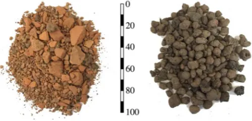 Figure 1. (Left) crushed brick-based substrate (BBS); (right) light expanded clay aggregate-basedsubstrate (LECA)