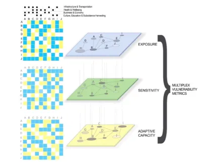 Figure 1. Conceptualization of vulnerability as a multiplex network. On the left, two-dimensional matrices represent the codingnetworks