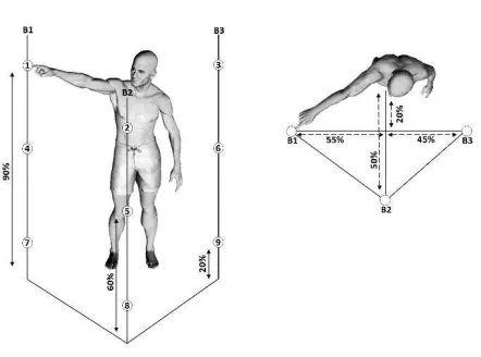Figure 1. Illustration of the experimental protocol. Placement of the nine targets on three supporting bars (B1, B2, B3, three (shown as percentages in figure)